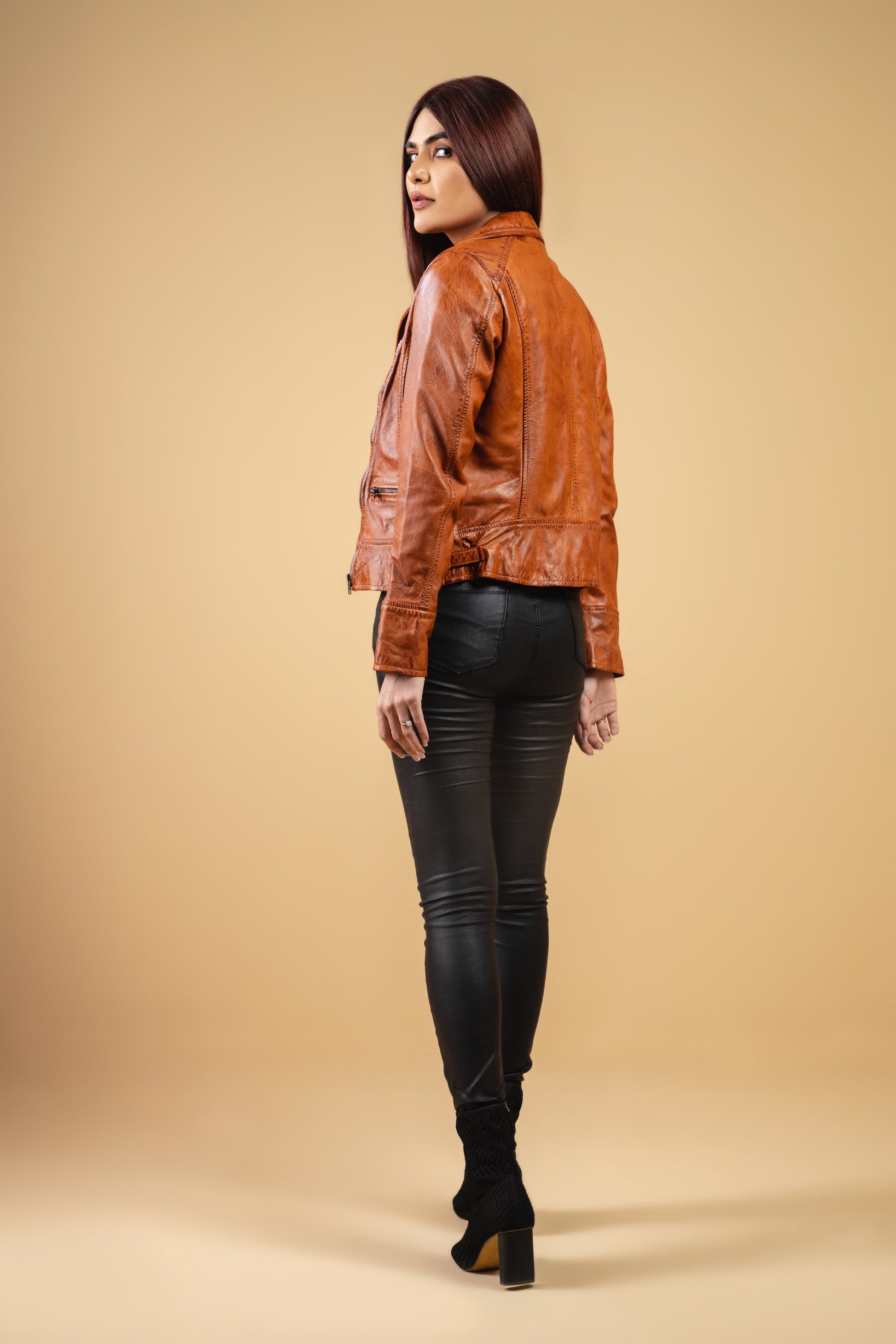 Woman Real Leather Biker Leather Jacket Tan Brown Waxed Soft Lambskin — sleeve detail | Majestic Leather UK
