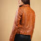 Woman Real Leather Biker Leather Jacket Tan Brown Waxed Soft Lambskin — product detail | Majestic Leather UK