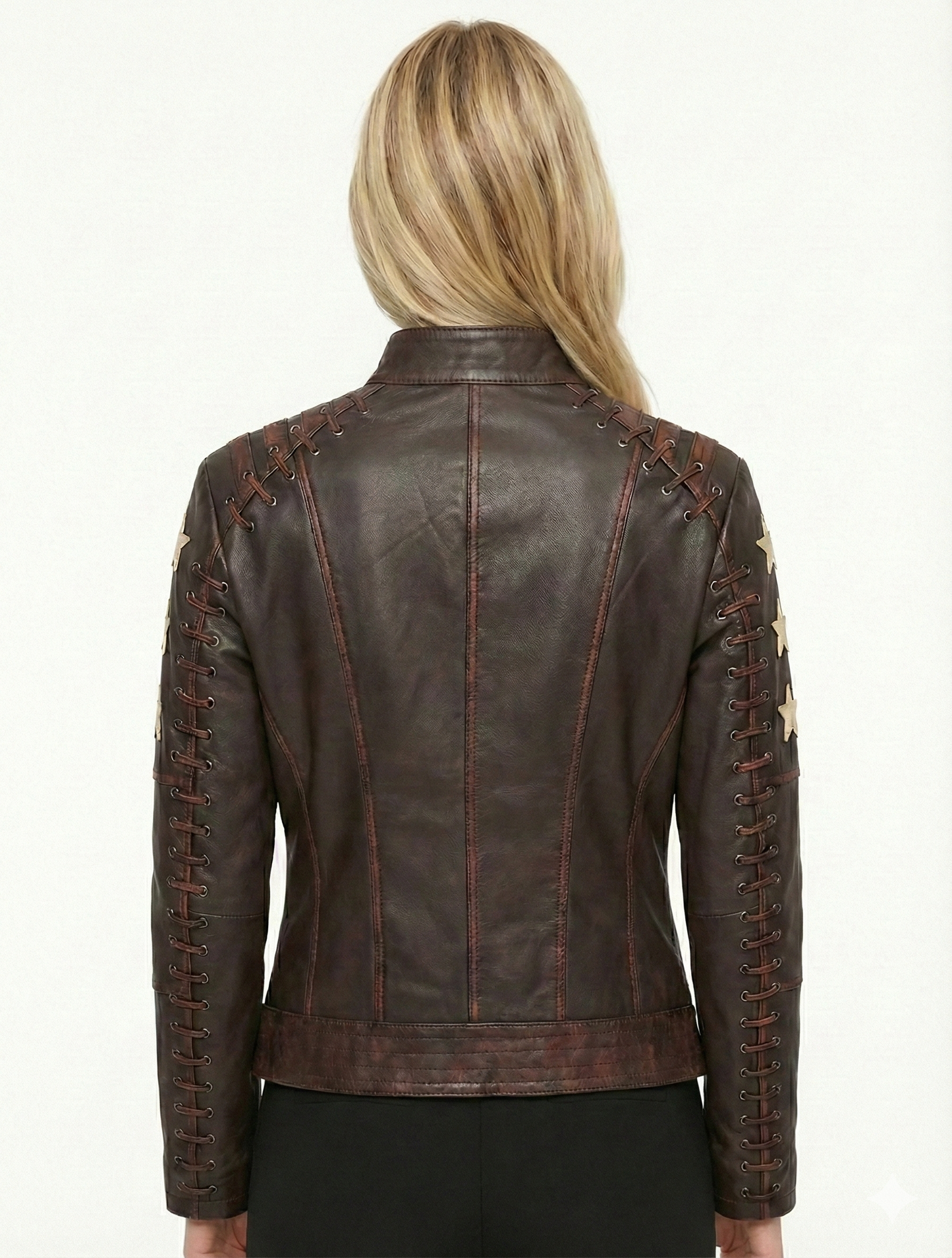 Woman Real Leather Biker Jacket Distress Brown Soft Lambskin Style - 464 — back view | Majestic Leather UK