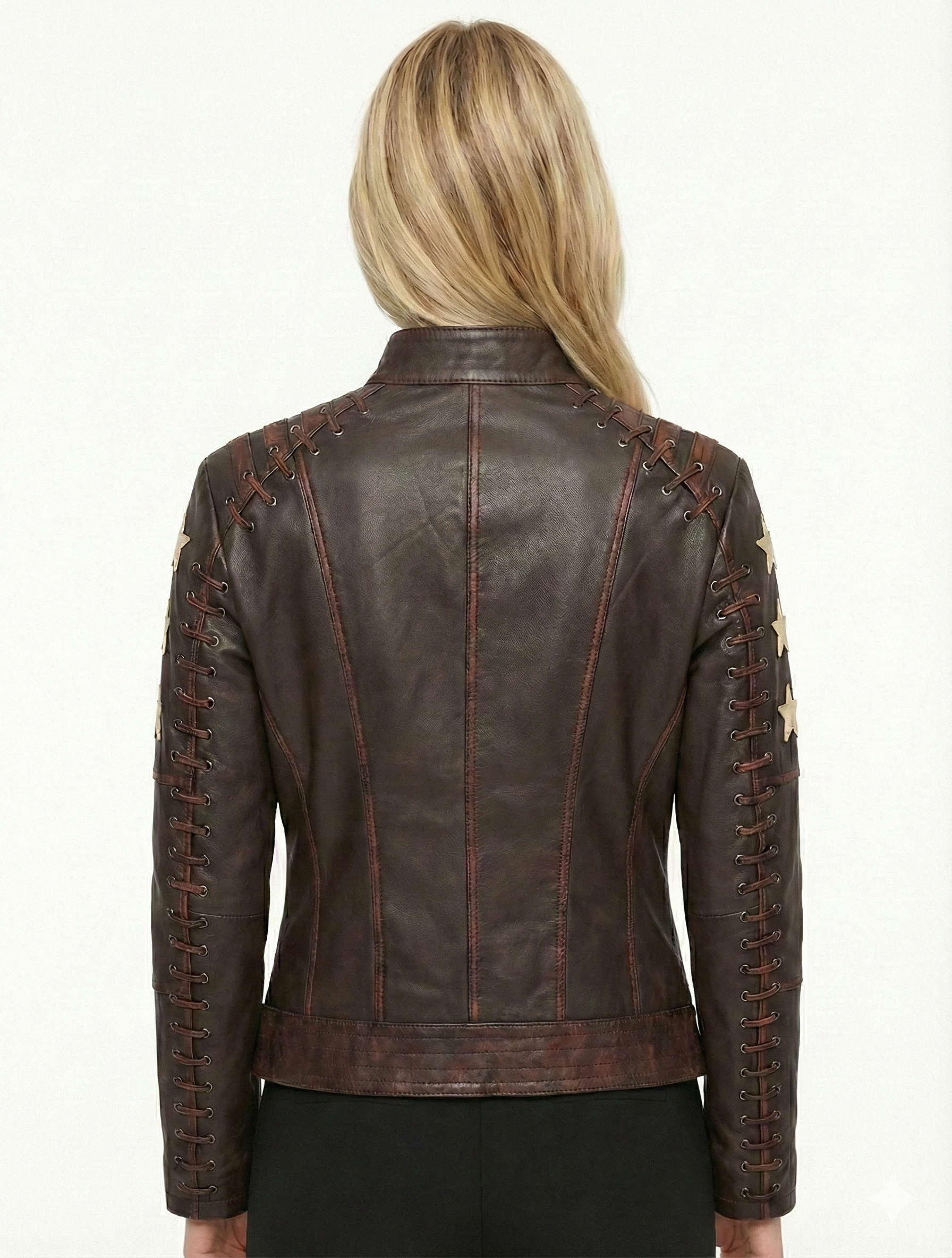 Woman Real Leather Biker Jacket Distress Brown Soft Lambskin Style - 464 — back view | Majestic Leather UK