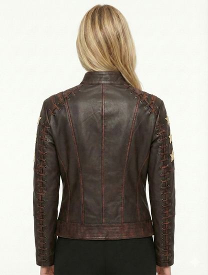 Woman Real Leather Biker Jacket Distress Brown Soft Lambskin Style - 464 — back view | Majestic Leather UK