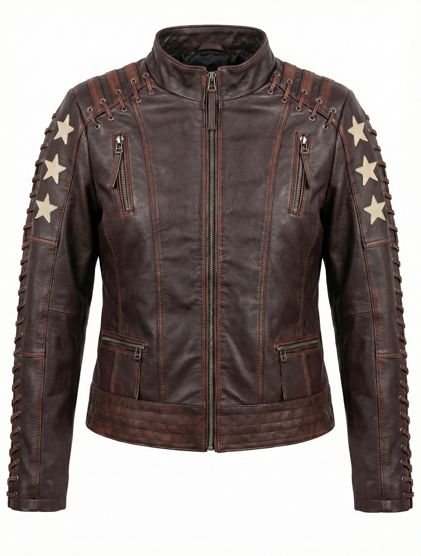 Woman Real Leather Biker Jacket Distress Brown Soft Lambskin Style - 464 — side profile | Majestic Leather UK