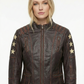 Woman Real Leather Biker Jacket Distress Brown Soft Lambskin Style - 464 — front view | Majestic Leather UK