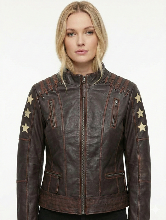 Woman Real Leather Biker Jacket Distress Brown Soft Lambskin Style - 464 — front view | Majestic Leather UK