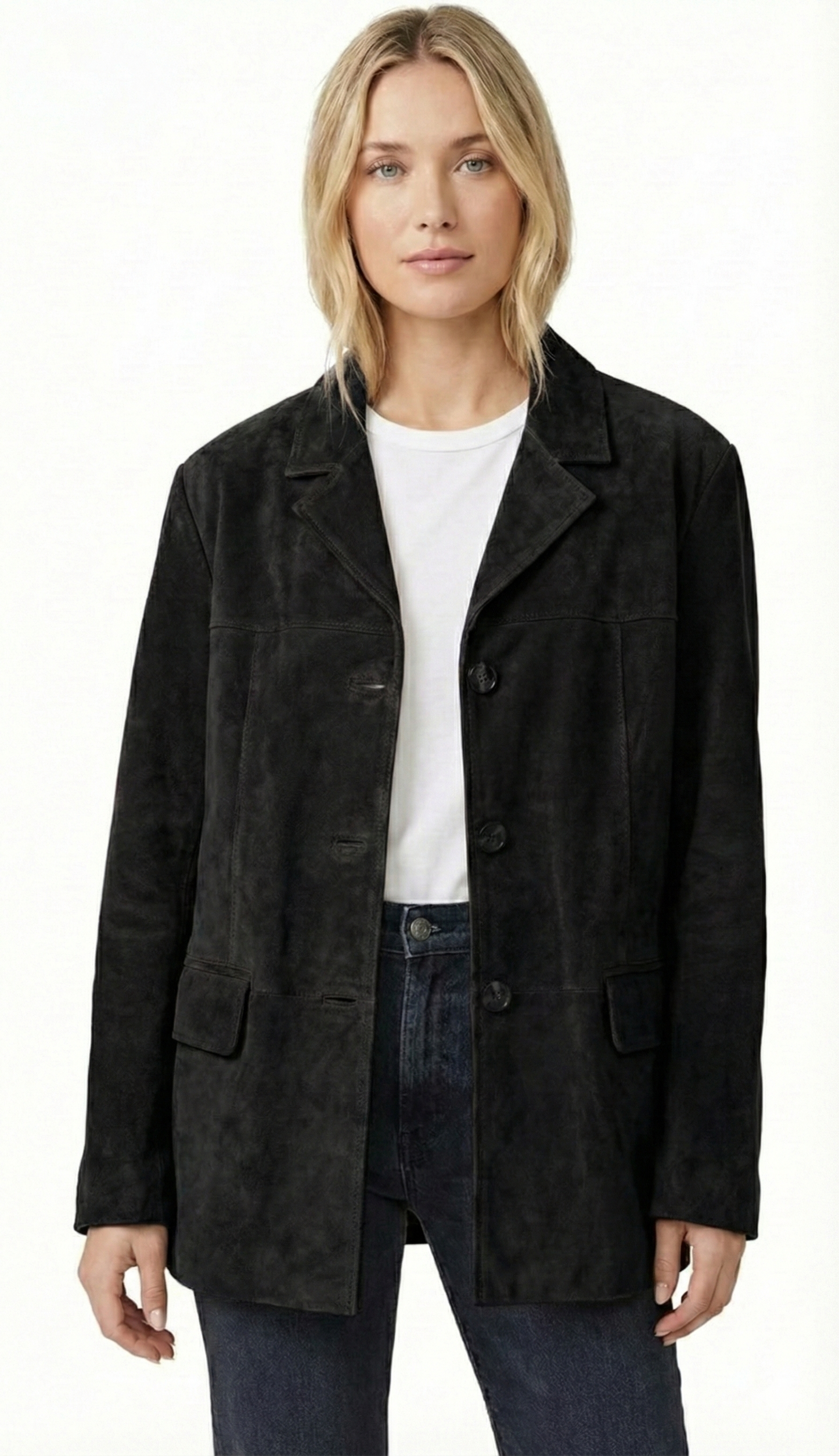 Women Oversize Coat Blazer Suede Leather - Premium luxury with style — side profile | Majestic Leather UK