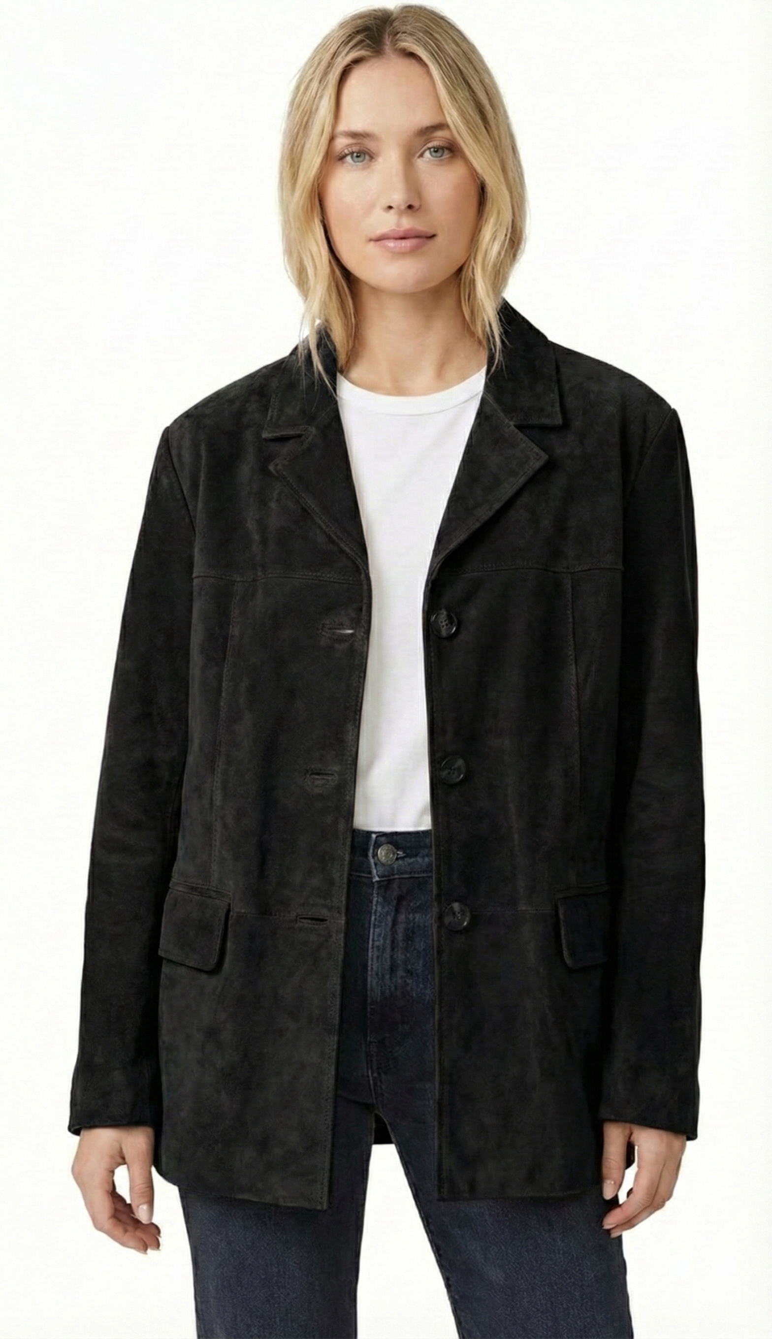 Women Oversize Coat Blazer Suede Leather - Premium luxury with style — side profile | Majestic Leather UK