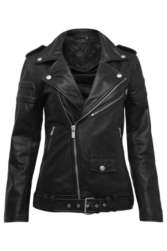 Women's - Damen Black Biker Real Leather Slim Fit Biker Jacket Majestic Leather