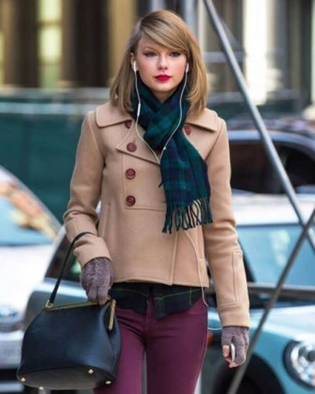 Taylor Swift Beige Short Coat — back view | Majestic Leather UK