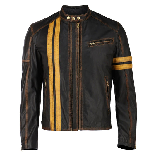 Men's Cafe Racer Distressed Black Leather Jacket | Majestic Leather — front view | Majestic Leather UK