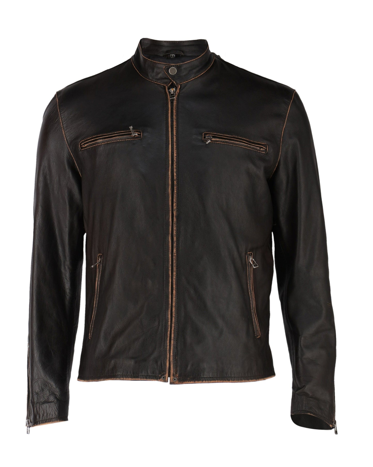 Men's Distressed Cowhide Leather Jacket Brown | Majestic Leather — front view | Majestic Leather UK
