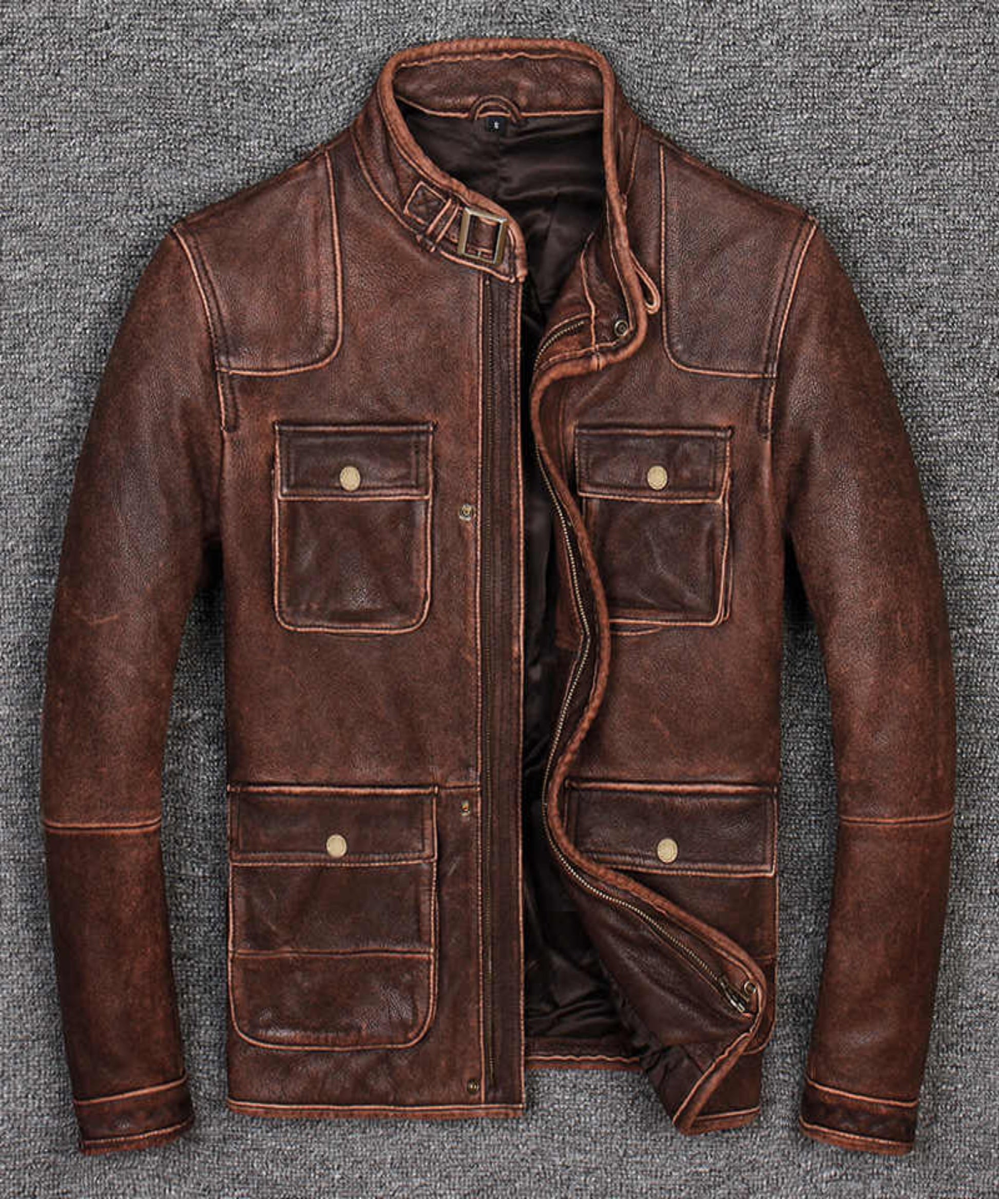 Men's Cafe Racer Vintage Distressed Reddish Brown Leather Jacket | Majestic Leather — collar detail | Majestic Leather UK