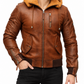 Men's New Tan Safari Biker Hooded Brown Lambskin Leather Jacket| Majestic Leather Majestic Leather