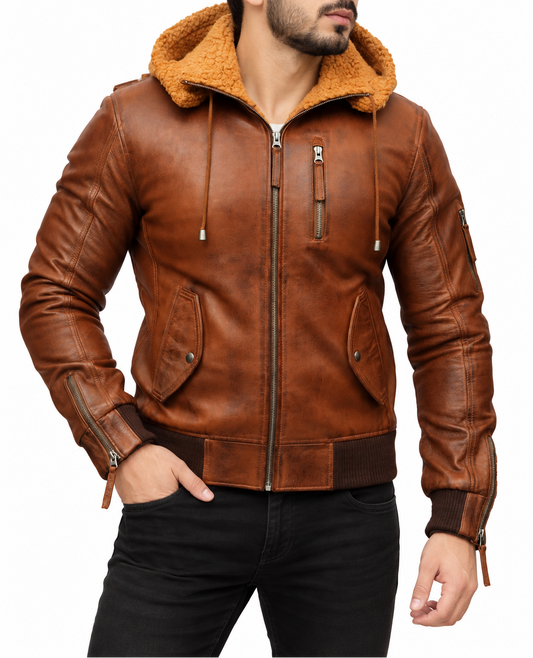 Men's New Tan Safari Biker Hooded Brown Lambskin Leather Jacket| Majestic Leather Majestic Leather