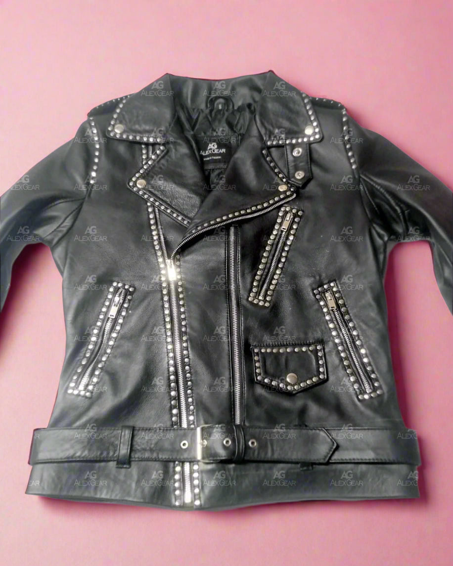 Women Biker - Blackpink Rose Apt Biker Leather Jacket — side profile | Majestic Leather UK