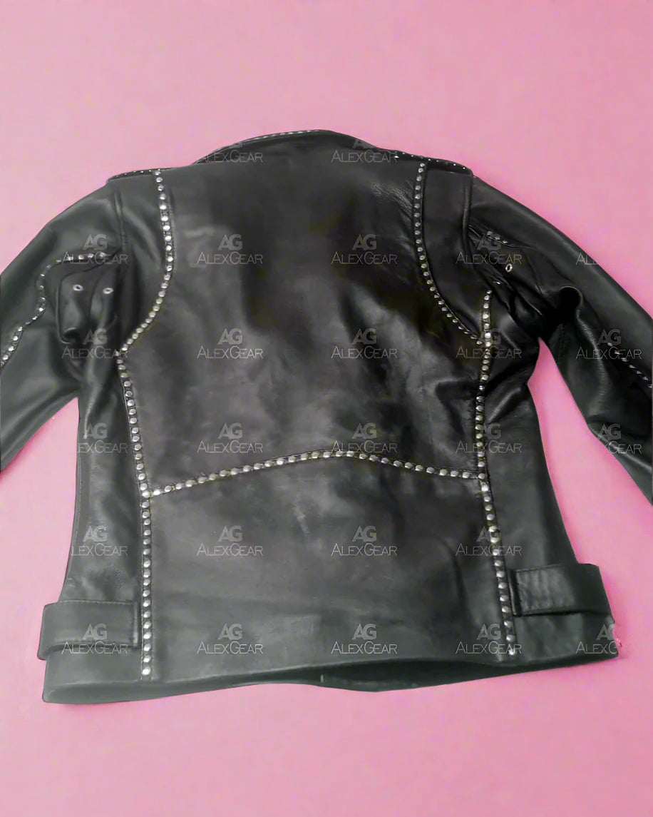 Women Biker - Blackpink Rose Apt Biker Leather Jacket — collar detail | Majestic Leather UK