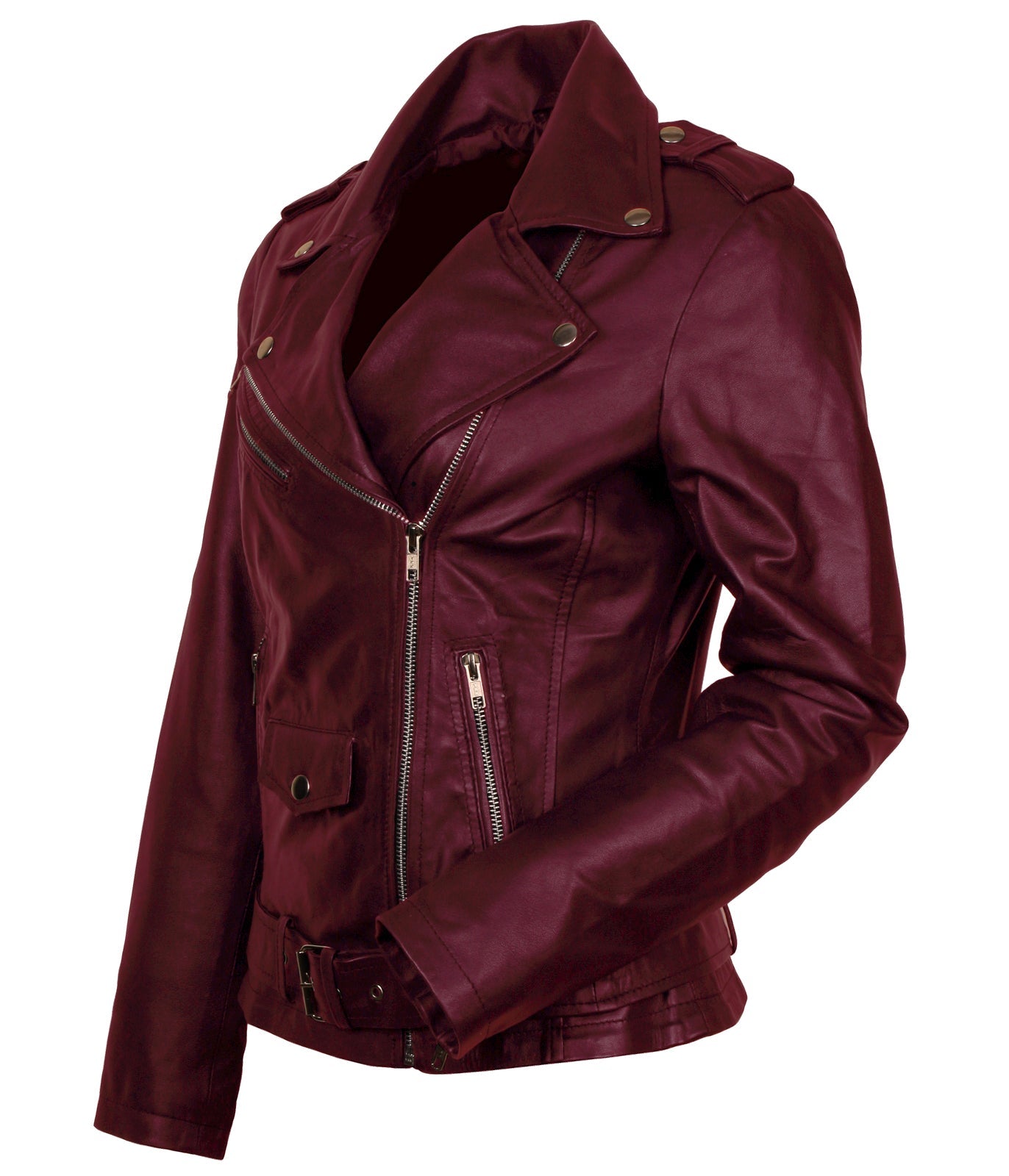 Women Biker - Maroon Leather Jacket Women Bikers — side profile | Majestic Leather UK