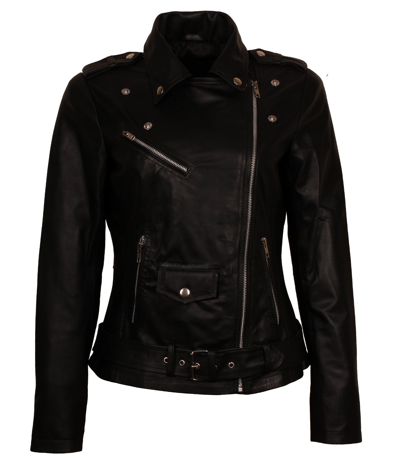 Women Biker - Black Belted Leather Jacket Women Bikers — front view | Majestic Leather UK