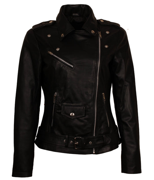 Women Biker - Black Belted Leather Jacket Women Bikers — front view | Majestic Leather UK