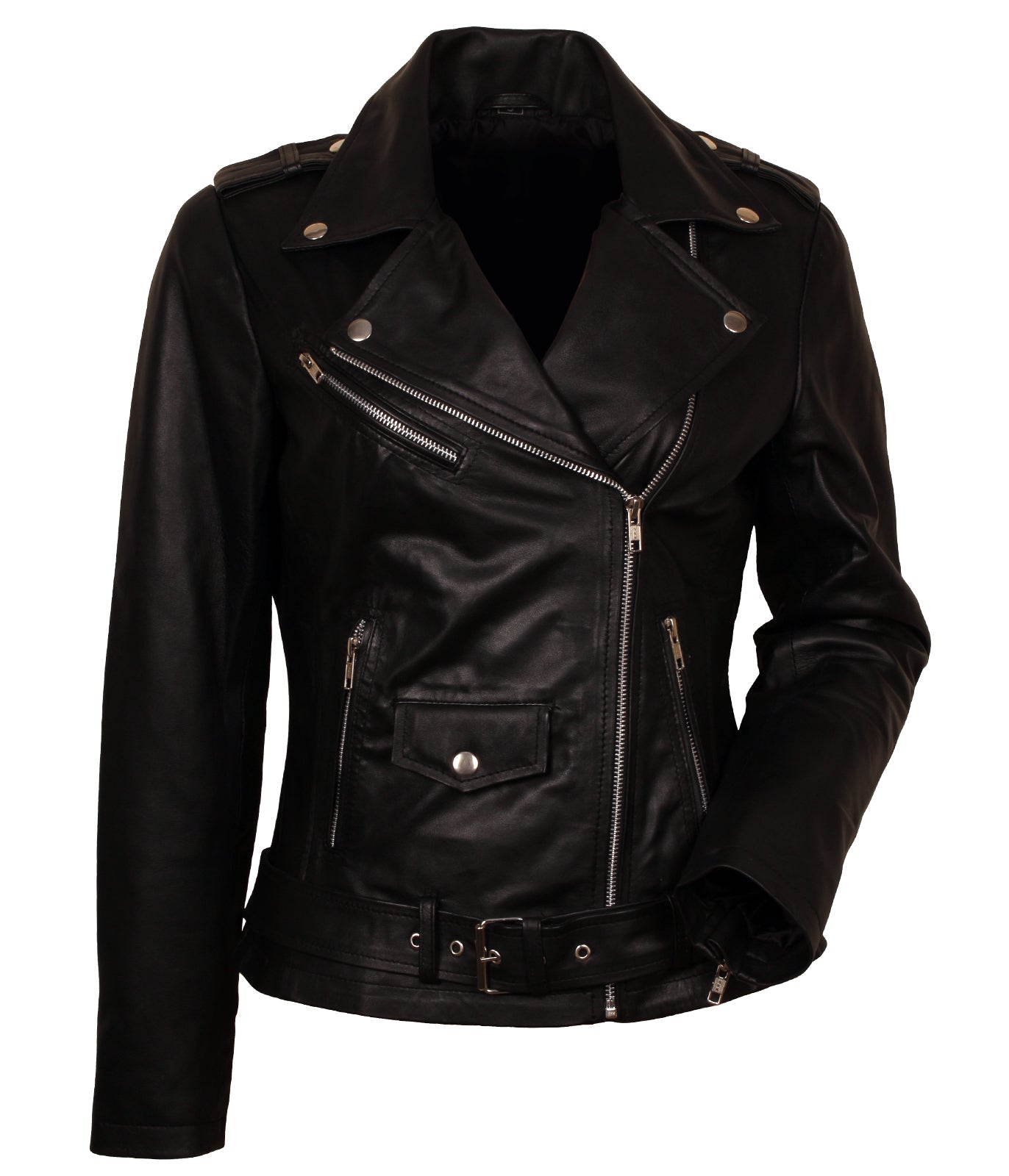 Women Biker - Black Belted Leather Jacket Women Bikers — back view | Majestic Leather UK