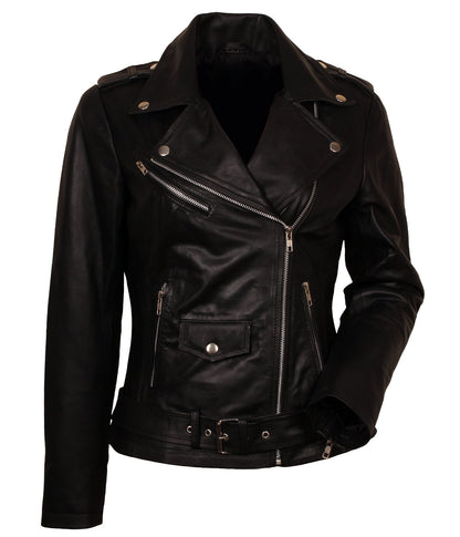 Black Belted Leather Jacket Women's Bikers — back view | Majestic Leather UK