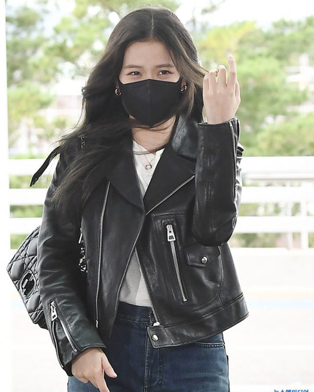 Women Biker - Blackpink Jisoo Black Cropped Leather Jacket — side profile | Majestic Leather UK