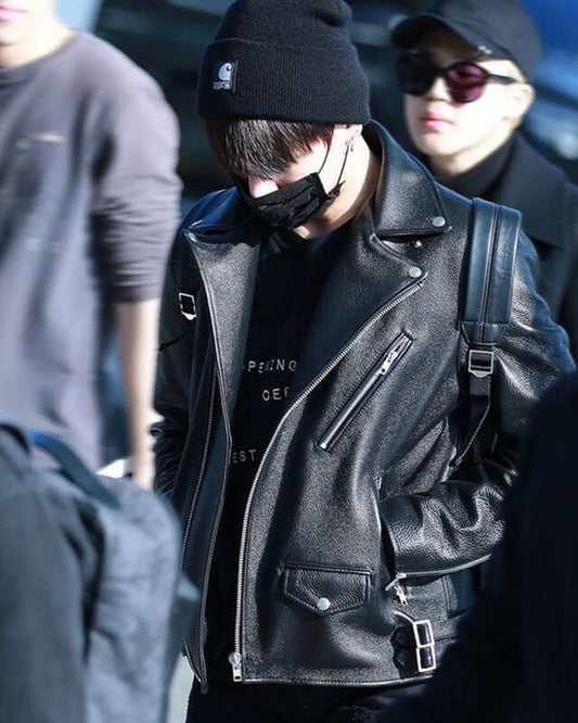 Women Biker - BTS Jungkook Black Motorcycle Leather Jacket — front view | Majestic Leather UK