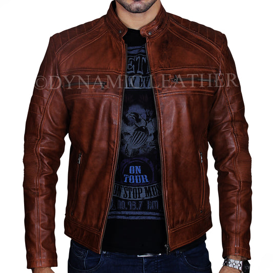 Men's Cafe Racer Slim Fit Brown Genuine Leather Jacket | Majestic Leather Majestic Leather