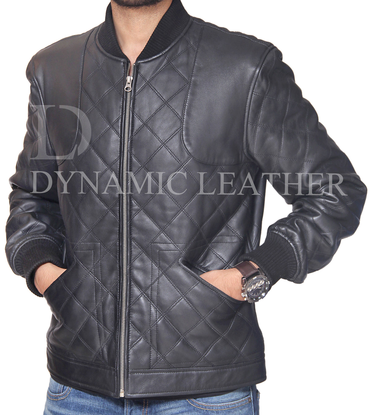 Men's Black Diamond Quilted Genuine Leather Bomber Jacket | Majestic Leather Majestic Leather