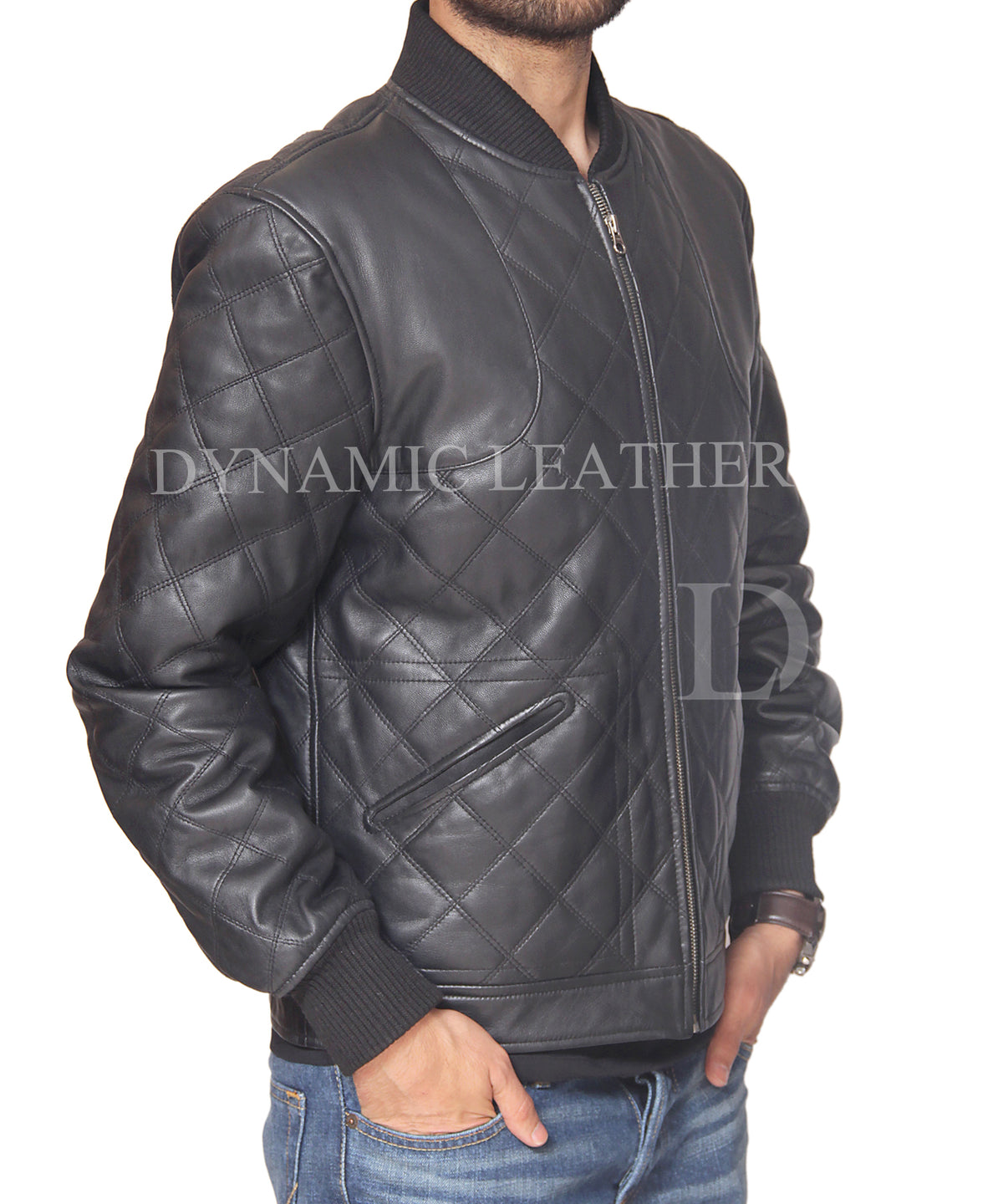 Men's Black Diamond Quilted Genuine Leather Bomber Jacket | Majestic Leather Majestic Leather