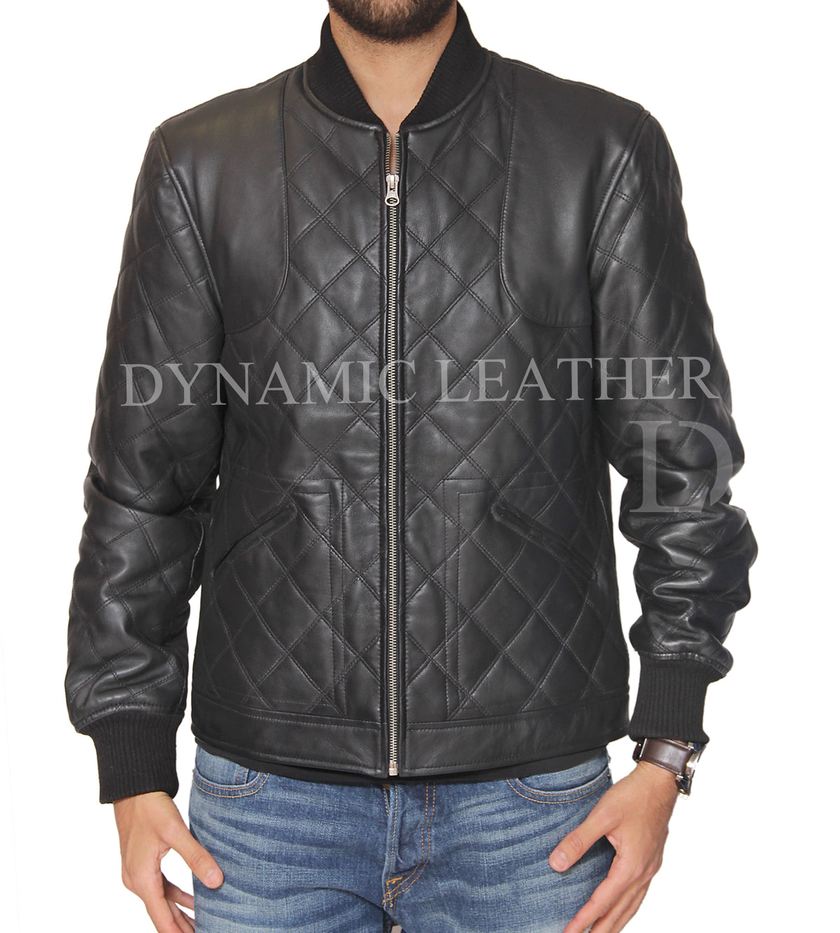 Men's Black Diamond Quilted Genuine Leather Bomber Jacket | Majestic Leather Majestic Leather