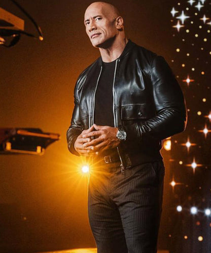 The Rock Dwayne Johnson Black Bomber Jacket – Premium Genuine Leather — back view | Majestic Leather UK