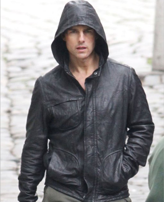 Tom Cruise Mission Impossible 4 Ghost Protocol Black Hoodie Biker Leather Jacket- Sale: Save 40%