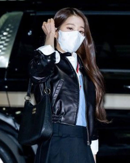 Jang Wonyoung Celebrity Black Cropped Leather Jacket — back view | Majestic Leather UK