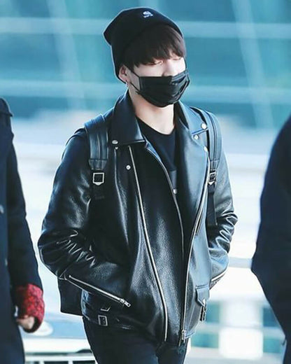 BTS Jungkook Celebrity Black Leather Jacket K-pop Airpo — back view | Majestic Leather UK