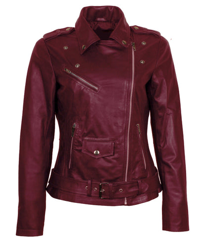 Maroon Leather Jacket Women's Bikers — back view | Majestic Leather UK