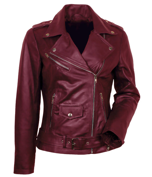Women Biker - Maroon Leather Jacket Women Bikers — front view | Majestic Leather UK