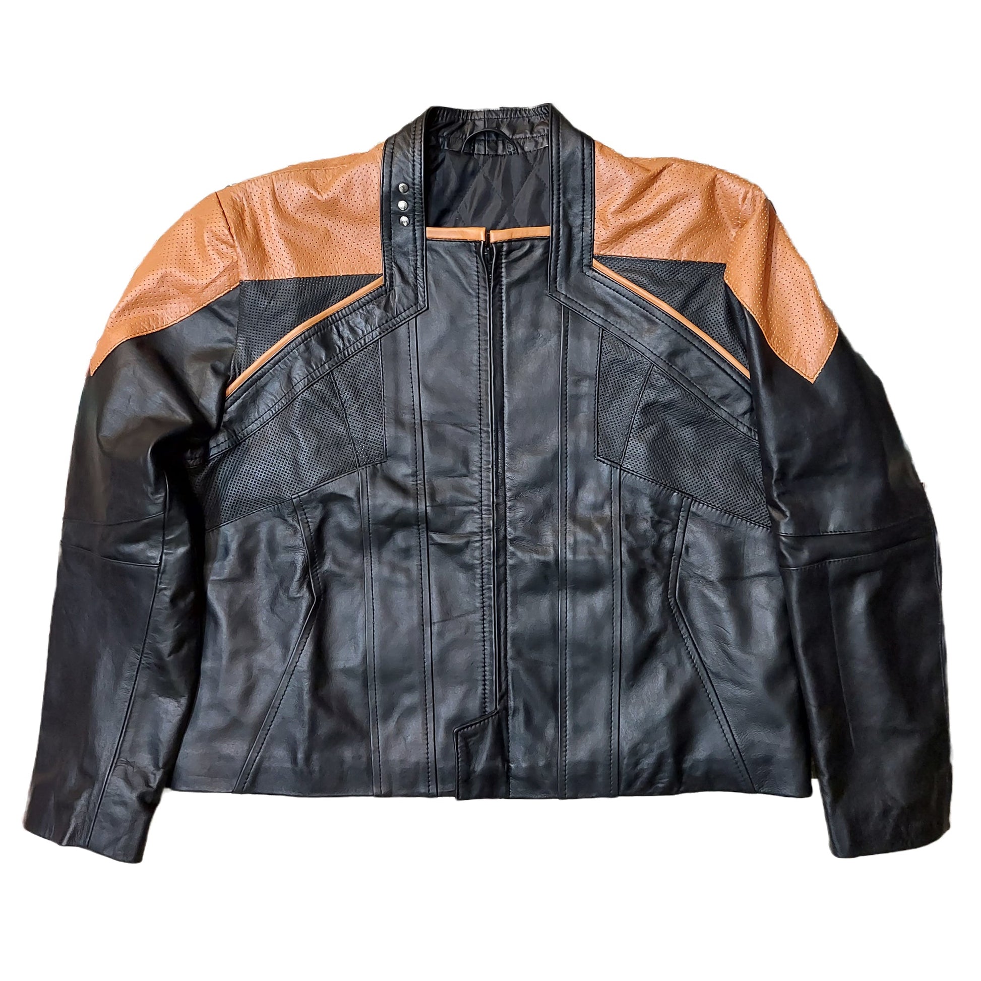Women Biker - Star Trek Picard Jacket Raffi Musiker Cosplay Real Leather Tan Perforated Jacket — back view | Majestic Leather