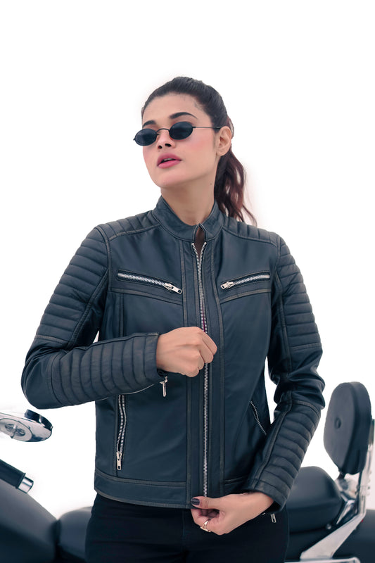 Women's Black Rub Off Biker Lambskin Leather Jacket | Majestic Leather