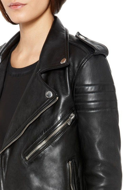 Women's - Damen Black Biker Real Leather Slim Fit Biker Jacket Majestic Leather