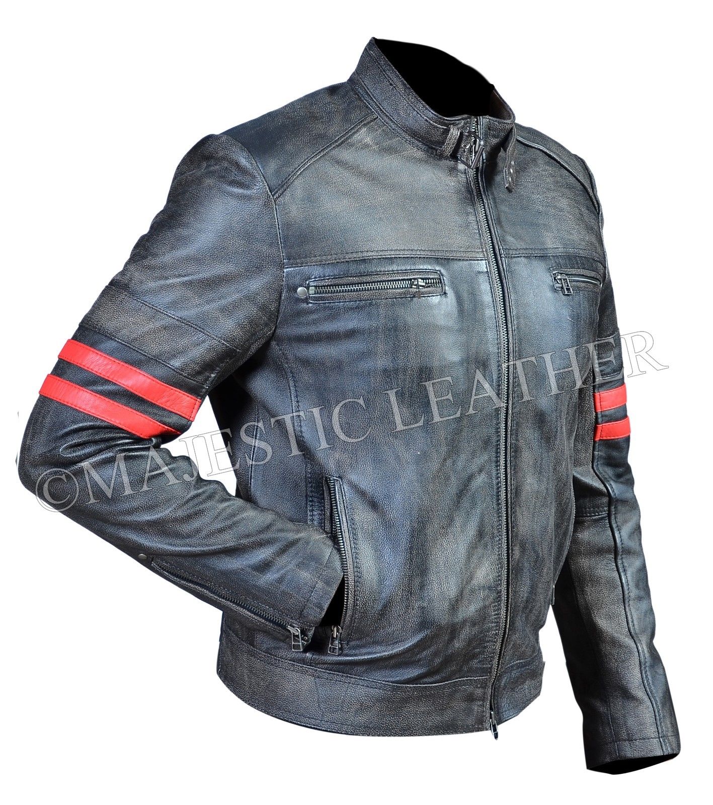Men's Cafe Racer Distress Faded Black Cowhide Red banded Arms Leather Jacket | Majestic Leather Majestic Leather