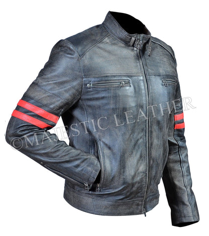 Men's Cafe Racer Distress Faded Black Cowhide Red banded Arms Leather Jacket | Majestic Leather Majestic Leather