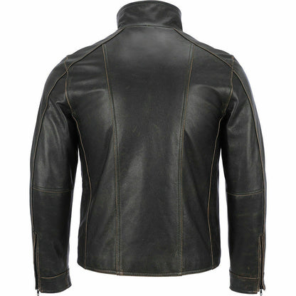 Men's Black Distress Biker Genuine Leather Jacket | Majestic Leather — back view | Majestic Leather UK