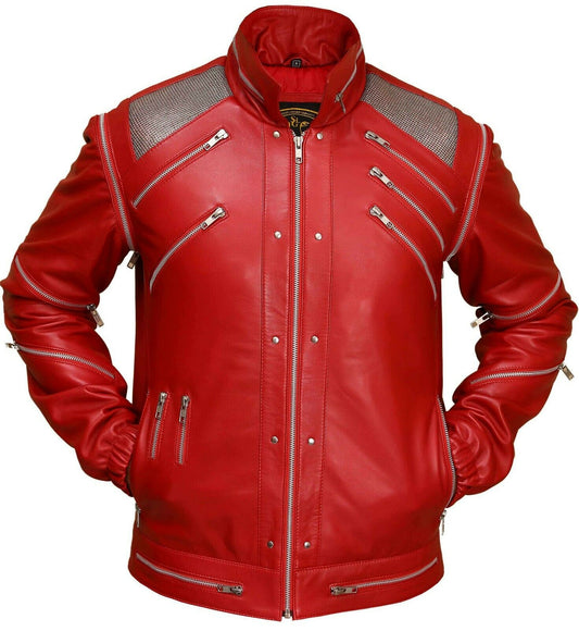 Michael Jackson Red Biker Leather Jacket | Majestic Leather — front view | Majestic Leather UK