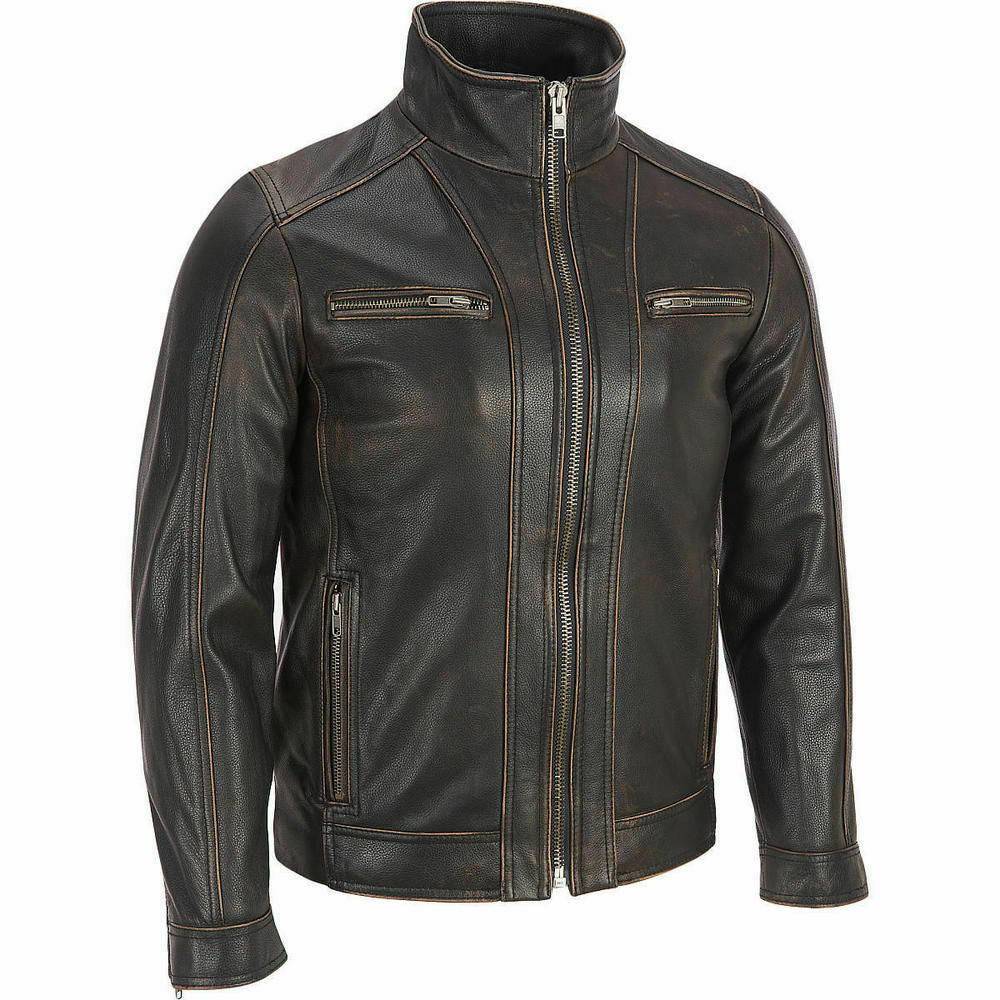 Men's Black Distress Biker Genuine Leather Jacket | Majestic Leather — side profile | Majestic Leather UK