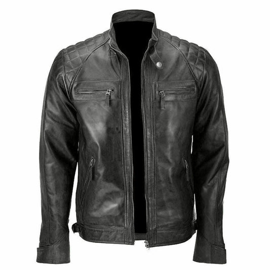 Men's Vintage Waxed Brown Cowhide Leather Biker Jacket — front view | Majestic Leather UK