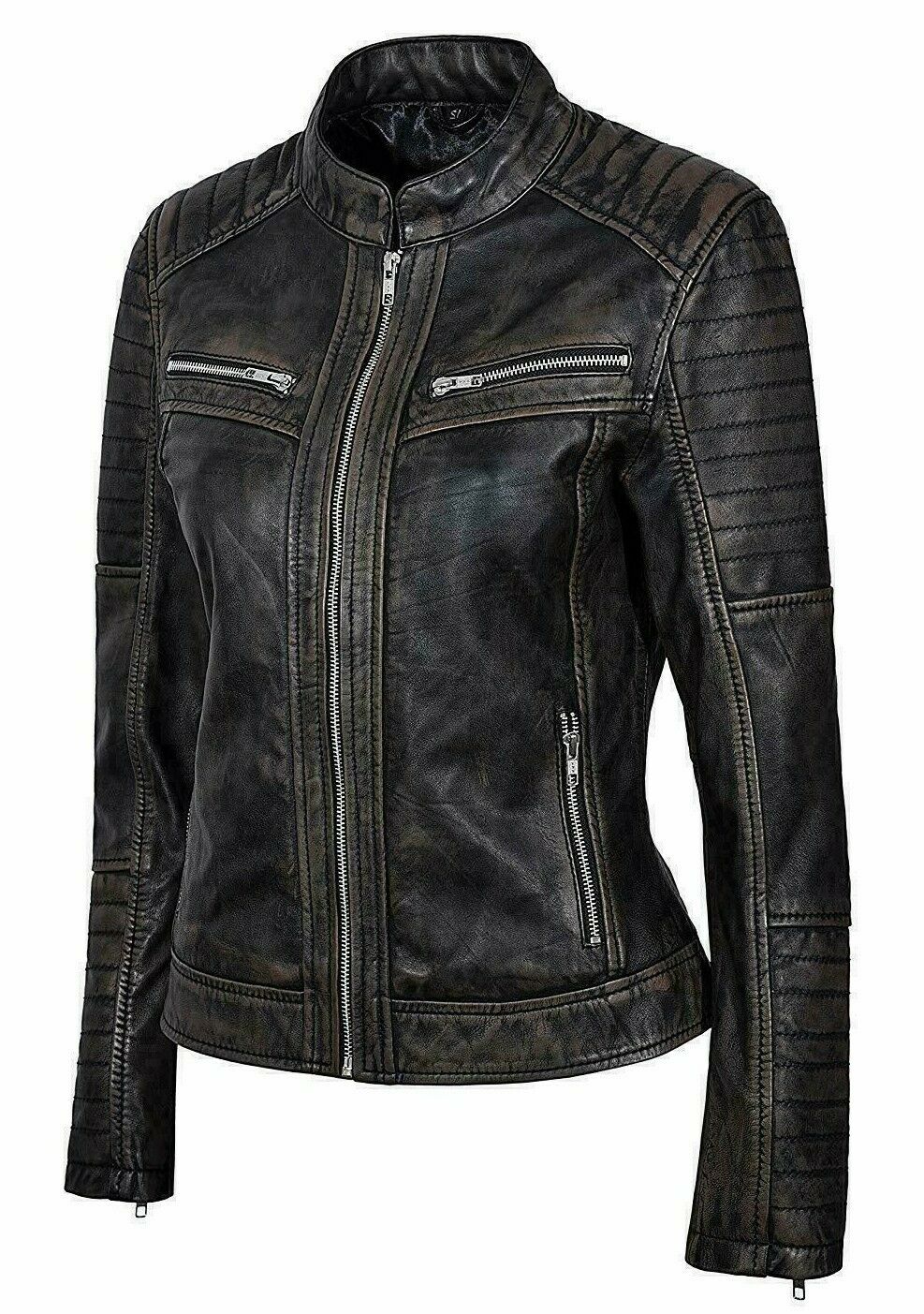 Woman Leather Biker Jacket Black Distress | Majestic Leather — back view | Majestic Leather UK