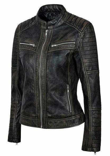 Woman Leather Biker Jacket Black Distress | Majestic Leather — back view | Majestic Leather UK