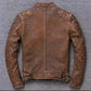 Men's Cafe Racer Vintage Distressed Tan Brown Leather Jacket | Majestic Leather — collar detail | Majestic Leather UK