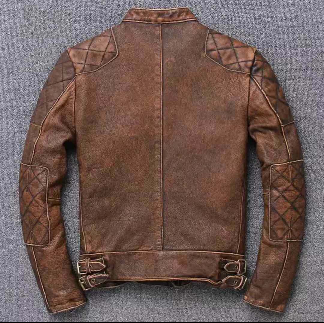 Men's Cafe Racer Vintage Distressed Tan Brown Leather Jacket | Majestic Leather — collar detail | Majestic Leather UK