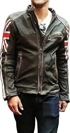 Men's Motorcycle Vintage Racer Union Jack Leather Black Distressed Jacket
